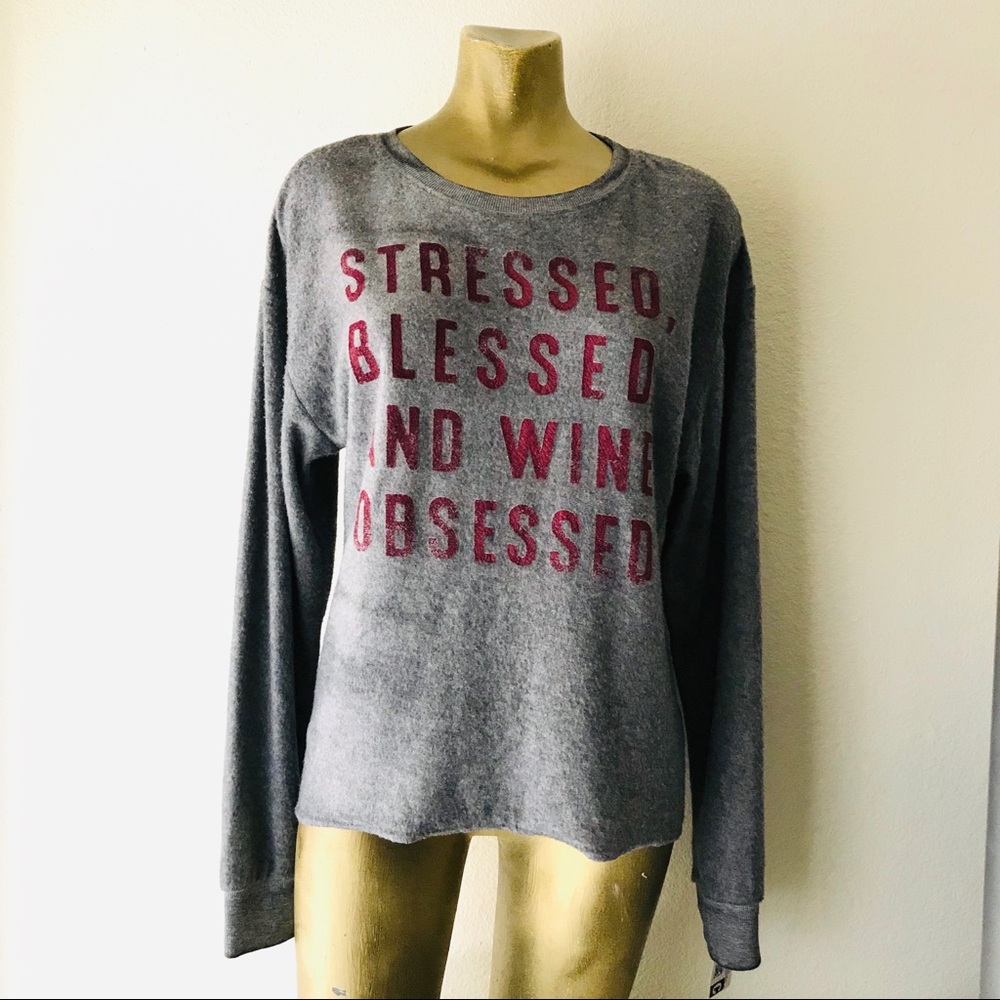 NWT Modern Lux STRESSED BLESSED & WINE OBSESSED Fuzzy SWEATSHIRT XS